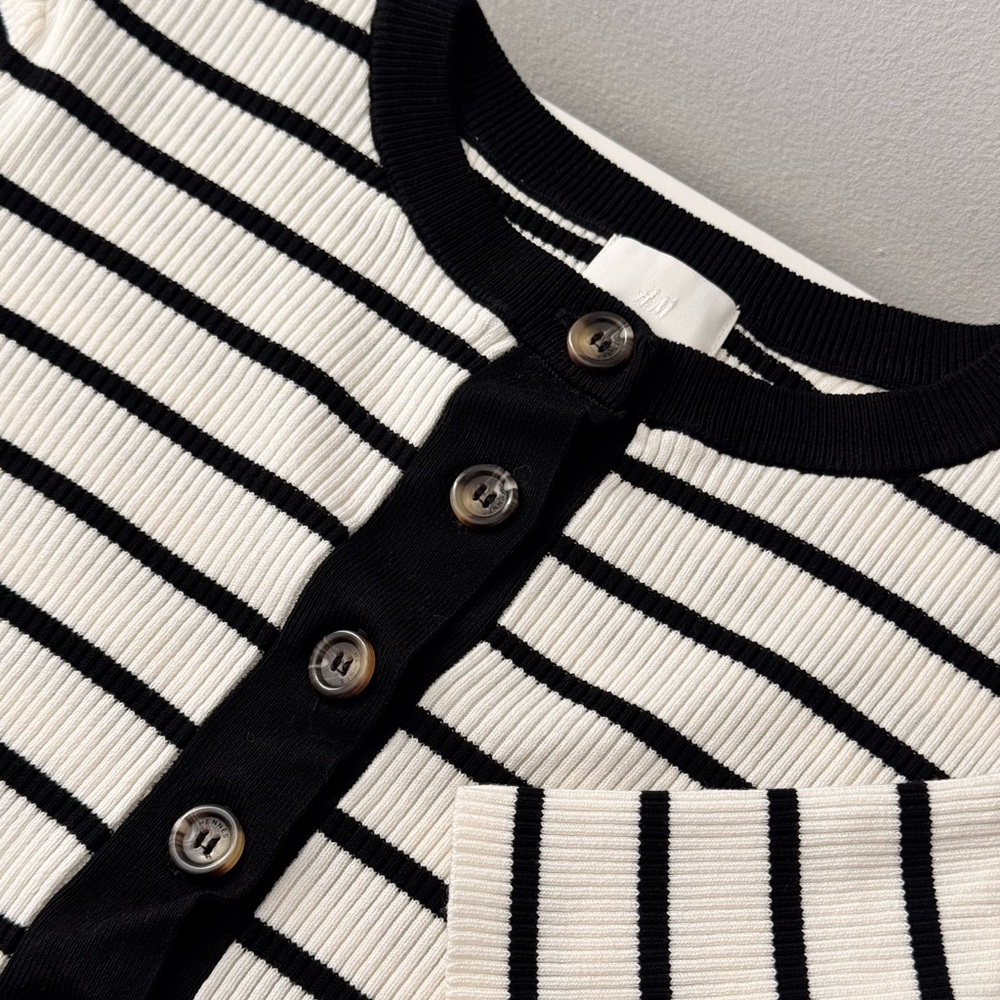 H&M Black and White Striped Ribbed Button Cardigan